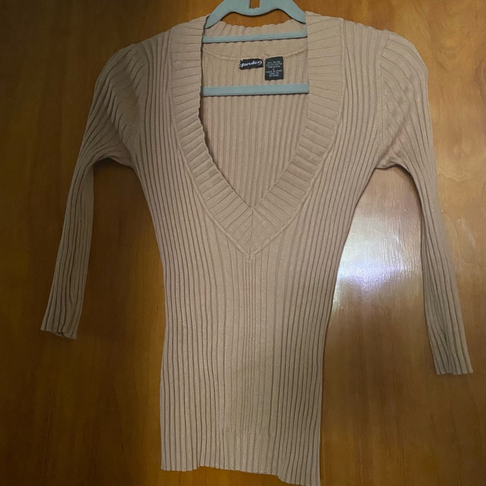 Tan V-Neck Ribbed Sweater